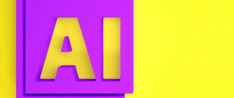 Letters AI written in purple box against a yellow background