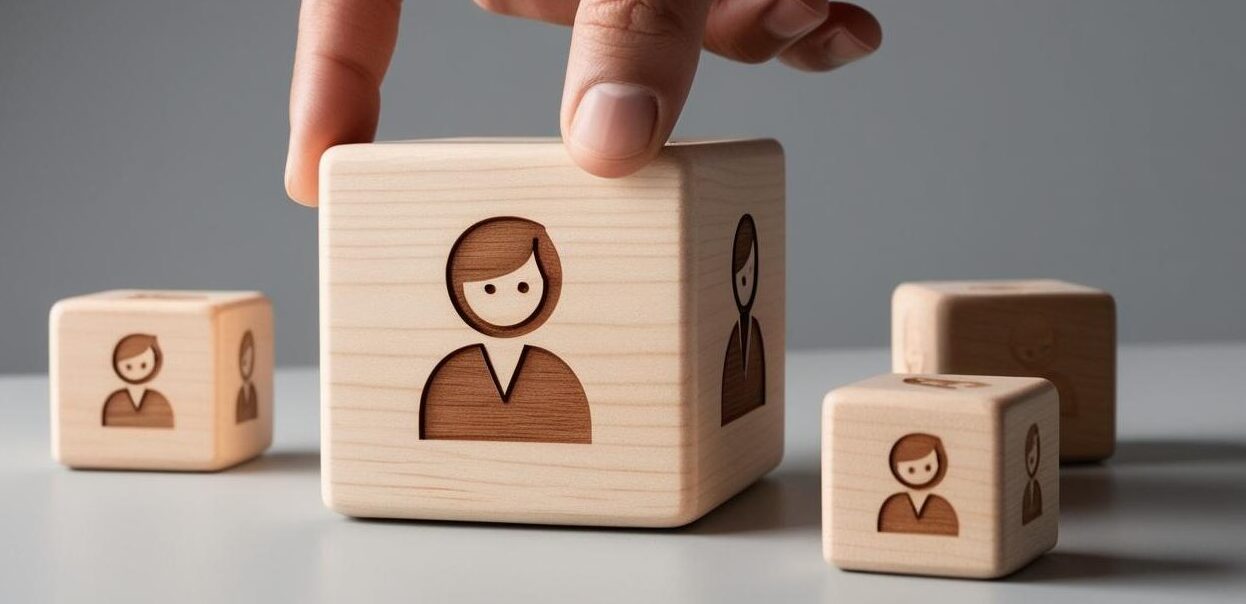 Four wooden cubes with faces on and a hand resting on one of them